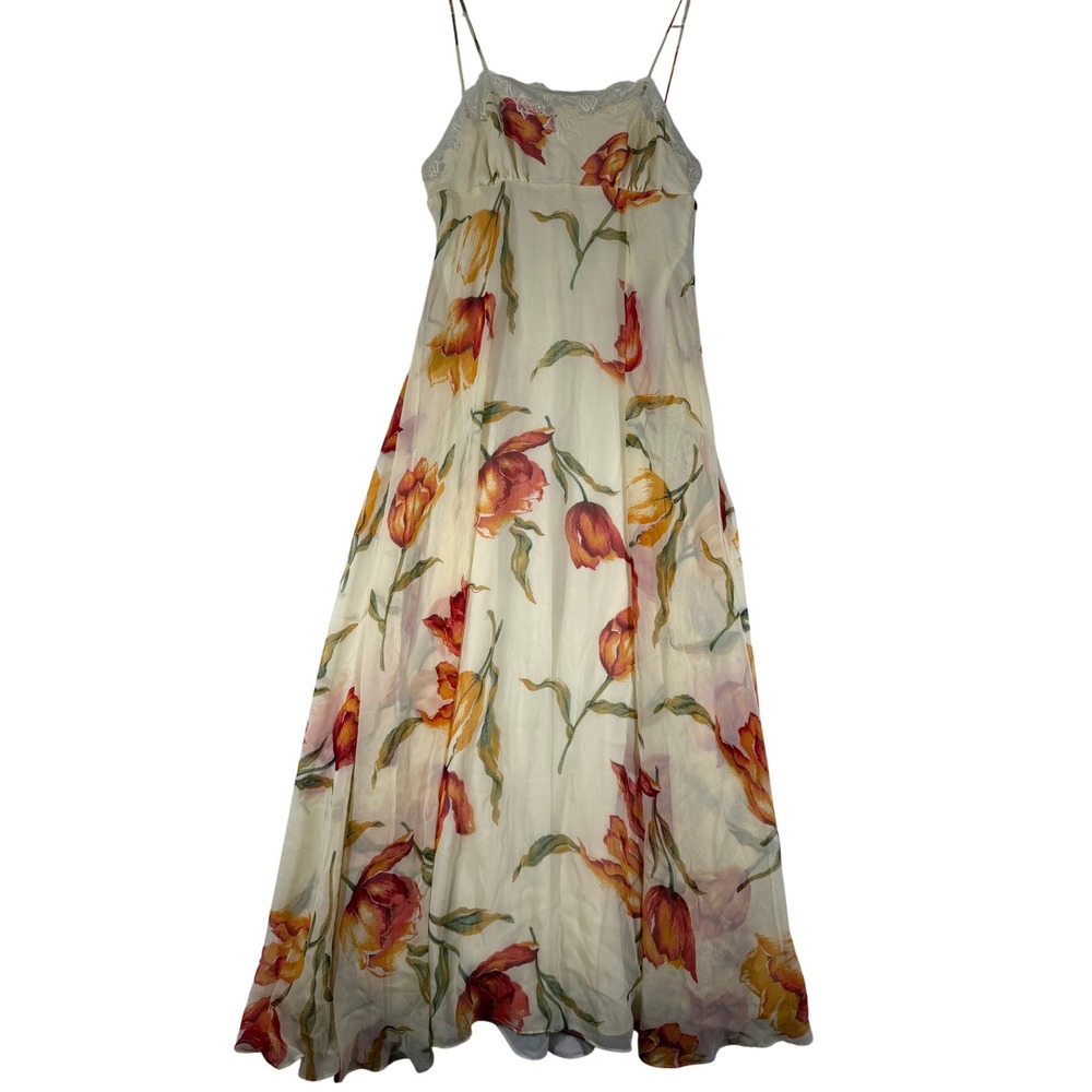 Natori Floral Tulip Maxi Dress Cream Lace Trim Spaghetti Strap Chiffon Lined